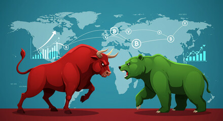 Obraz premium A red bull and a green bear face off, symbolizing the bullish and bearish trends in the global stock market, set against a world map background.