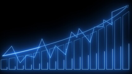 Blue Neon Bar Graph and Line Chart Illustrating Upward Trend on Dark Background data finance