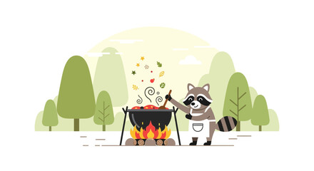 Fototapeta premium Cartoon raccoon chef preparing delicious food outdoors, in a forest illustration