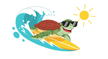 Cool Turtle Surfing on Wave at the Beach with Sun in Summer Vacation