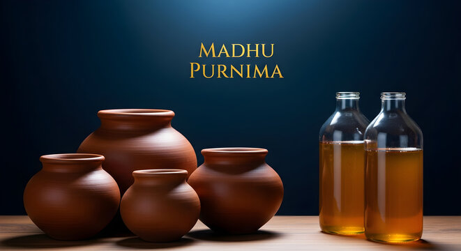 Traditional clay pots and bottles with liquid for the madhu purnima festival