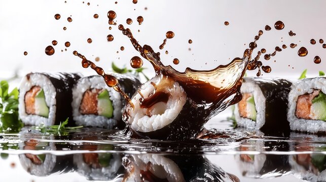 Dark soy sauce splashing onto sushi rolls and seaweed, adding a glossy and sophisticated finish to the Asian dish, isolated on bright background,