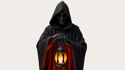 A cloaked figure in black holding a glowing lantern against a stark white background in studio shot
