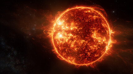 A hyper-realistic close-up of a massive burning sun in the dark expanse of space, its surface alive with swirling solar flares and erupting prominences, glowing in intense hues of fiery orange.