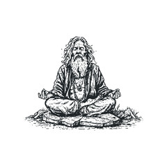 Elderly man with long beard and hair meditating in lotus pose on rocky ground