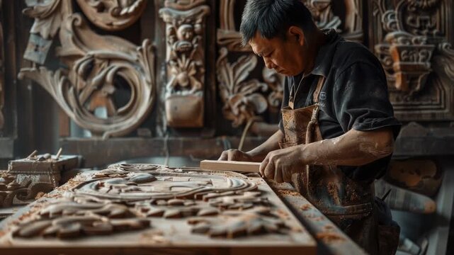 A man works on a wooden object, sanding and shaping the material
