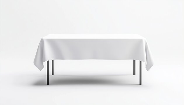 White Table Covered With A Tablecloth, Blank Space For Customization, Template Element For Design Mockups Or Presentations.