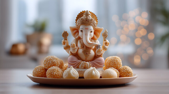Lord Ganesh worshipped with laddoos modaks offerings in plate
