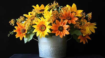 Vibrant Autumn Bouquet: Sunflowers and Golden Flowers in a Rustic Metal Bucket