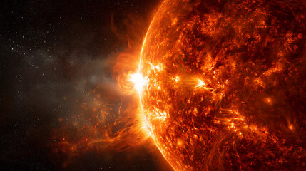 A hyper-realistic close-up of a massive burning sun in the dark expanse of space, its surface alive with swirling solar flares and erupting prominences, glowing in intense hues of fiery orange colors