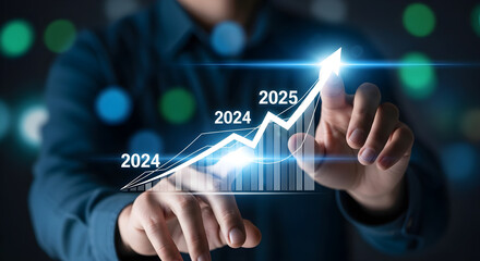 Businessman touching virtual screen with graph and arrow pointing up to 2025