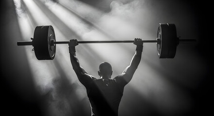 Weightlifter lifting barbell overhead in gym with dramatic lighting effect