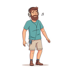 Fototapeta premium Happy bearded man character enjoying music on headphones connected to a smartphone. Cartoon drawing of a young person listening to a favorite song. Isolated vector line art man cartoon illustration.