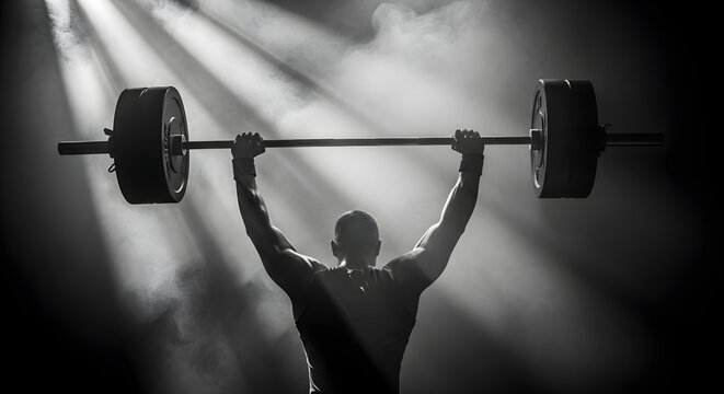 Weightlifter lifting barbell overhead in gym with dramatic lighting effect - Powered by Adobe