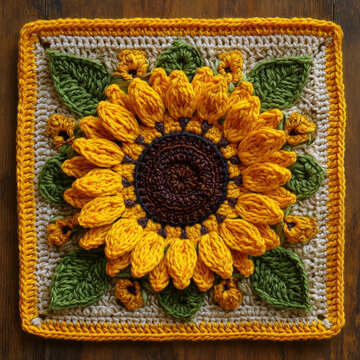 a large crochet mandola sunflower granny square