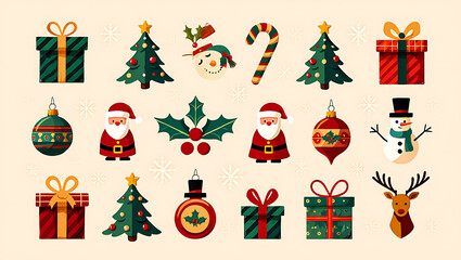 Fototapeta premium Festive Christmas Ornament Collection with Gifts Santa Claus and Winter Holiday Elements for Greeting Card Designs