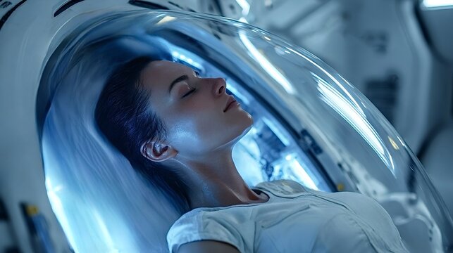 Young astronaut sleeping in cryosleep chamber during interstellar space travel