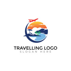 Tropical Adventure Travel Logo with Airplane, Mountains, and Sunset
