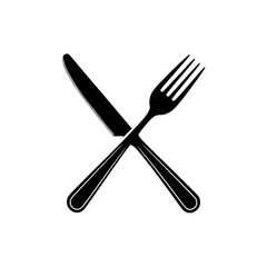 Fototapeta premium Crossed knife and fork icon symbolizing dining utensils black and white vector silhouette art