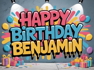 Colorful Happy Birthday Benjamin poster with balloons and gifts. Festive party decoration background