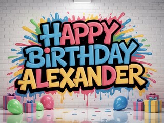 Colorful Happy Birthday Alexander poster with balloons and gifts. Festive party decoration background