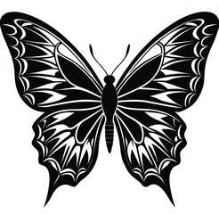 A stunning black and white butterfly tattoo design featuring a detailed illustration of a flying insect with beautiful, decorative wings