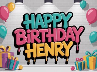Colorful Happy Birthday Henry poster with balloons and gifts. Festive party decoration background