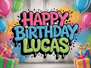 Colorful Happy Birthday Lucas poster with balloons and gifts. Festive party decoration background