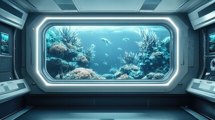 Futuristic Underwater Observatory: A glimpse into a vibrant coral reef ecosystem from a spaceship's observation deck.
