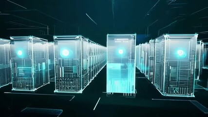 Futuristic digital data servers glowing with vibrant blue light in a sleek, high-tech network environment - Powered by Adobe