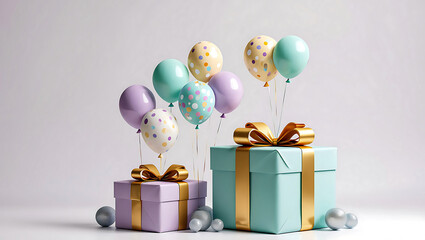Festive Gift Boxes and Balloons for Celebrations Birthdays and Special Occasions with Pastel Colors and Golden Ribbons