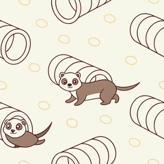 Cute ferret playing in tunnel pattern on light background animal cartoon