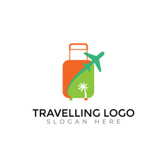Tropical Adventure Travel Logo with Airplane, Mountains, and Sunset