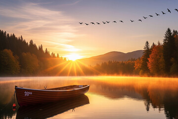 october sunrise over the lake in mountains with boat an birds in the sky