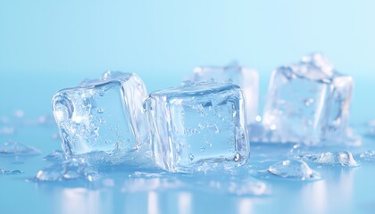 Close-Up View Of Melting Ice Cubes On Blue Background Captured In Stunning Detail And Vibrant Color. Rich Textures And Fluid Motion.