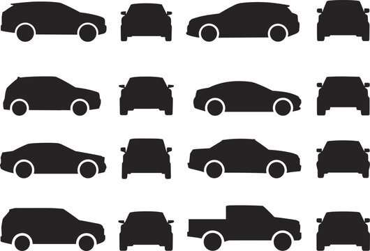 Car silhouette icon set, front and side view, vehicle shape design, automobile vector collection, transportation illustration, black car outline graphics