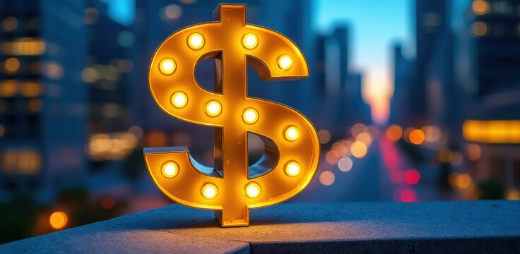 Illuminated dollar sign in a vibrant city at night - Powered by Adobe