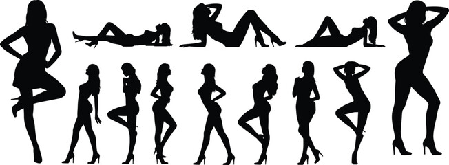 Female model silhouette collection, women posing vector art, fashion illustration, glamour pose design, beauty figure artwork, black stylish high heels silhouette