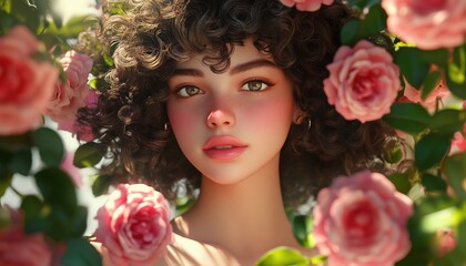 Fototapeta premium Stunning Young Woman With Curly Hair Posing By Roses In A Garden: The Essence Of Fragrance Marketing. Flawless Beauty And Blooms.