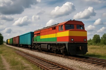 Fototapeta premium Efficient Cargo Transport: Colorful Freight Train Moving Goods Across Countryside for Global Business and Logistics Solutions