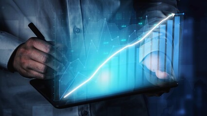A businessperson interacts with a tablet, analyzing financial data. The glowing graphs illustrate growth trends and strategies in a contemporary office setting. Copula