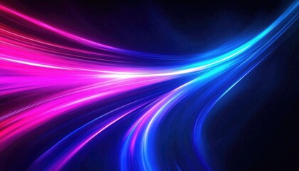 Abstract Curved Neon Light Streaks Vibrant Pink, Blue and White on Dark Backdrop