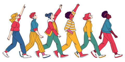 six diverse people marching together in unity illustration for solidarity protest parade and community movement graphics