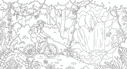 Coloring page of a young adventurer on a mountain bike exploring a lush jungle trail by a waterfall. Vector illustration. © Malaz