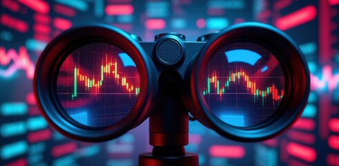Binoculars viewing stock market trends with neon lights background