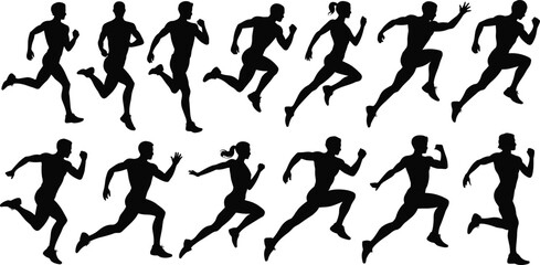 Running athlete silhouette, marathon runner outline, sprinting sports figure, jogging exercise illustration, fitness training design, black and white vector, sport competition graphic
