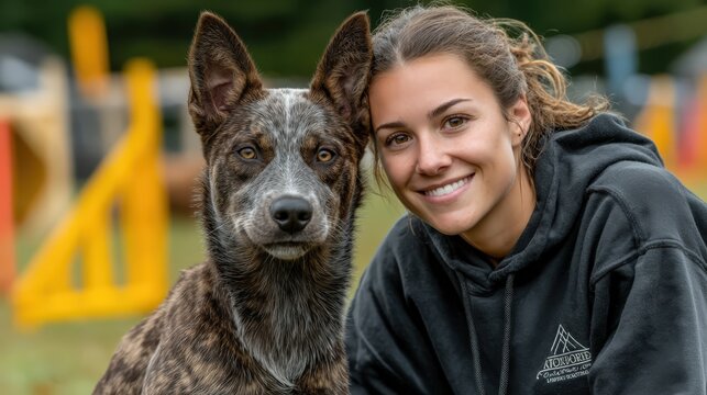 Professional dog trainer celebrating successful obedience training session with enthusiastic mixed breed dog, outdoor training facility with positive reinforcement equipment, natural outdoor lighting 