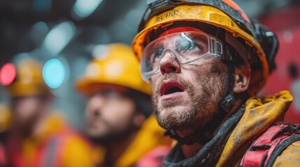 Professional mining safety instructor demonstrating proper use of advanced safety equipment to diverse group of miners in modern training facility, high-tech safety gear and emergency response equipme
