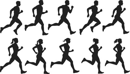 Running silhouette vector illustration, male female jogger icons, athlete exercise poses, black fitness figures, marathon race shapes, sport activity graphic design set