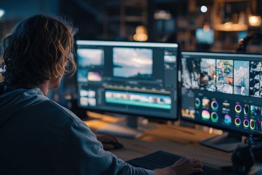 Professional photographer post-processing images on high-resolution monitor in modern editing suite, multiple screens showing photo editing software, controlled workspace lighting with screen illumina - Powered by Adobe